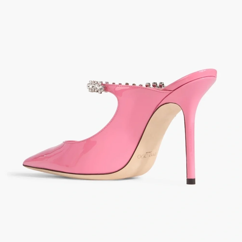 Jimmy Choo Bing 100 Shiny Patent Leather Crystal Stiletto Heels Bubble Pink - Picture 15 of 16